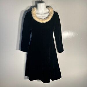 Vintage Carlye SZ12 Black Velveteen Fur Trim Dress 60's Old Hollywood Glam 50's